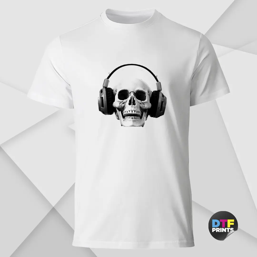 Audio Skull DTF Printed T-Shirt on White